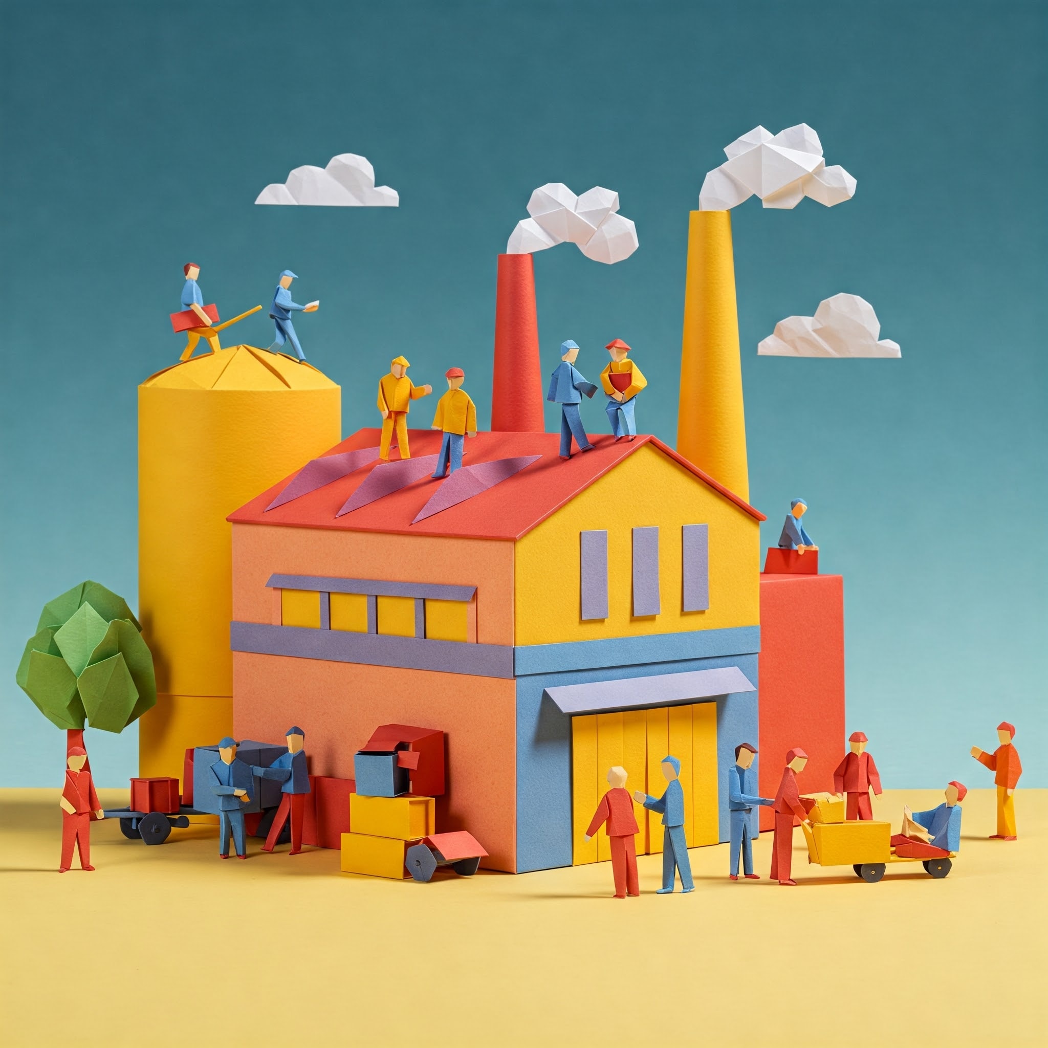 Ein Fabrikgebäude mit jeder Menge Menschen im Origami-Stil. 