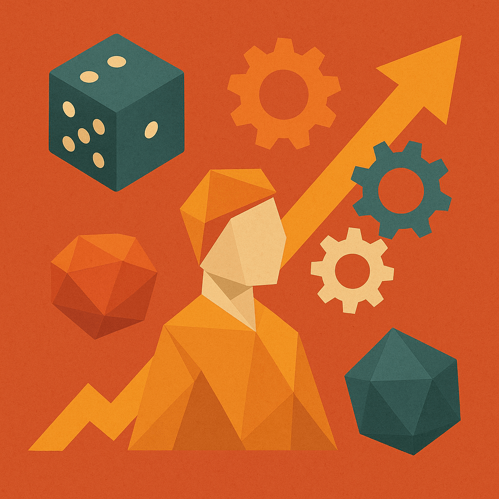 Bild im Origami-Stil mit spielerischen Elementen wie Würfeln, Zahnrädern und einem stilisierten Avatar, das die Verbindung von Gamification und Personalentwicklung symbolisiert.