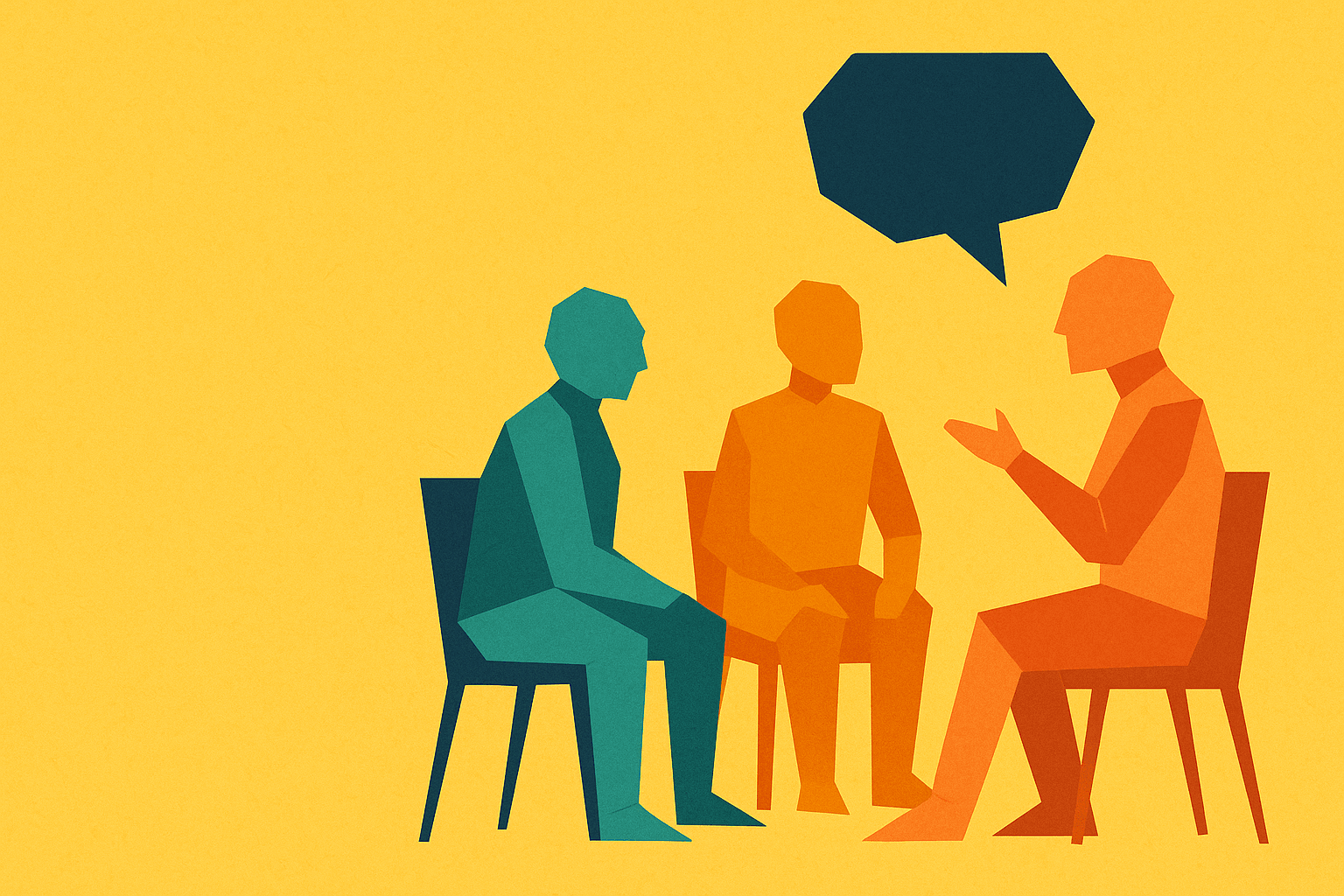Origami-Stil-Grafik ohne Text, angelehnt an die Bildsprache der ATB-Website: drei stilisierte Figuren in Gesprächssituation vor gelbem Hintergrund.