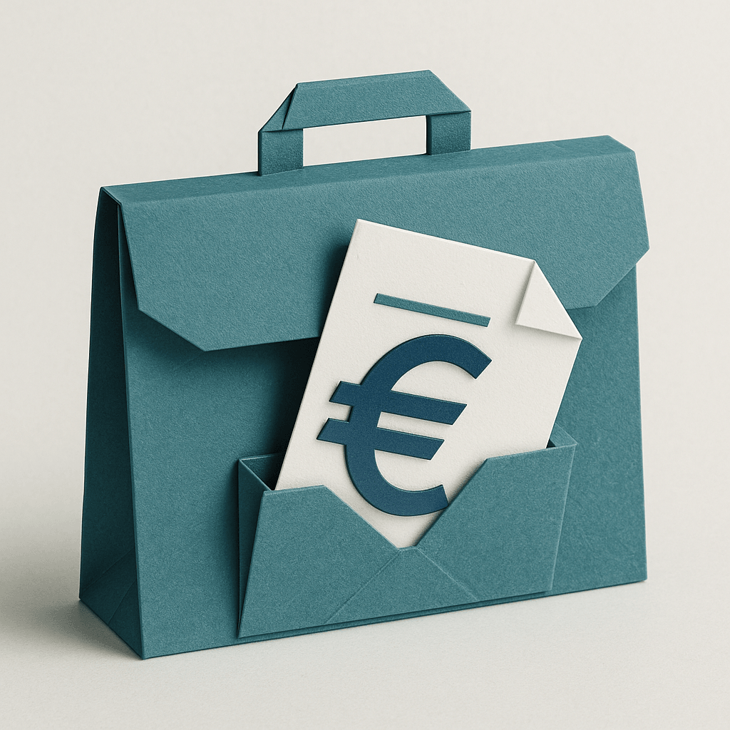 Ein stilisierter Origami-Aktenkoffer, geöffnet, mit hervorschauendem Euro-Zeichen und Dokument – Farbwahl in kühlem Blaugrün, ATB-typischer Stil.