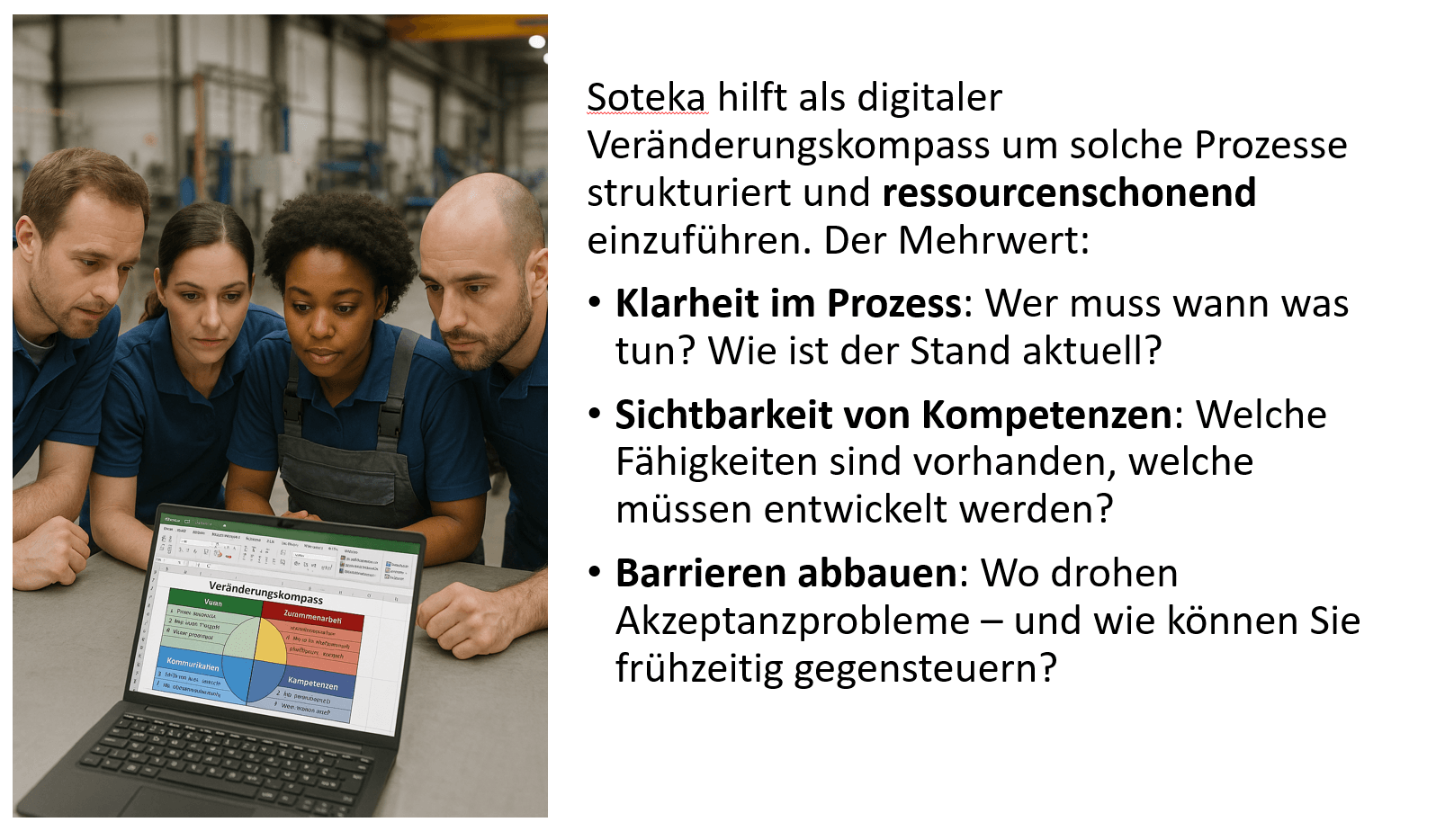 Mitarbeitende stehen um einen PC in der Werkhalle und diskutieren den Mehrwert des Veränderungskompass Soteka: Klarheit im Prozess, Sichtbarkeit von Kompetenzen und der Abbau von Barrieren im Einführungsprozess